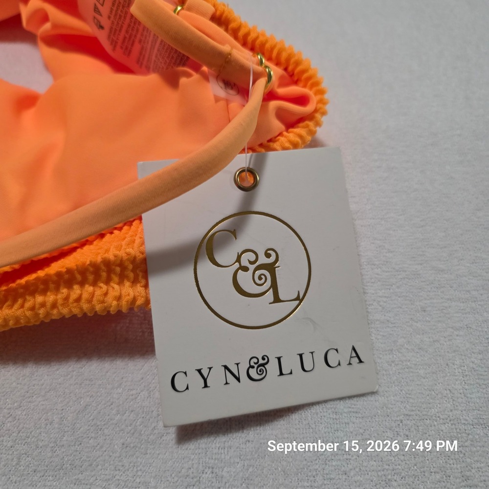 Cyn & Luca Womens Neon Orange Smocked Crinkle Bikini Top Square Neck Large NWT - Picture 2 of 4